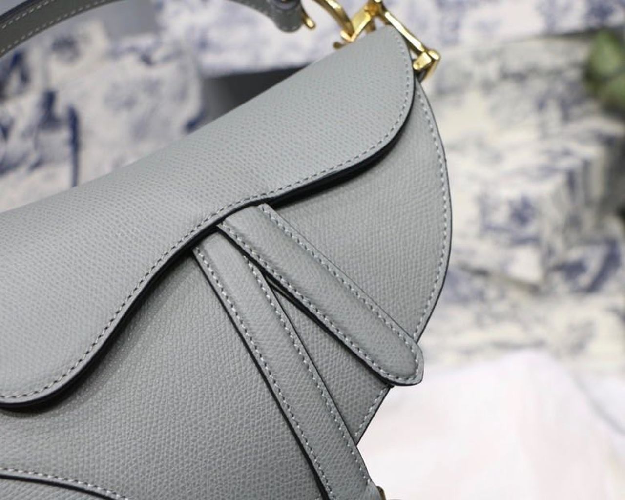 Top Quality Saddle Bag Light Blue Grained Gold Toned Hardware Canvas For Women 19.5cm/7.6in CD