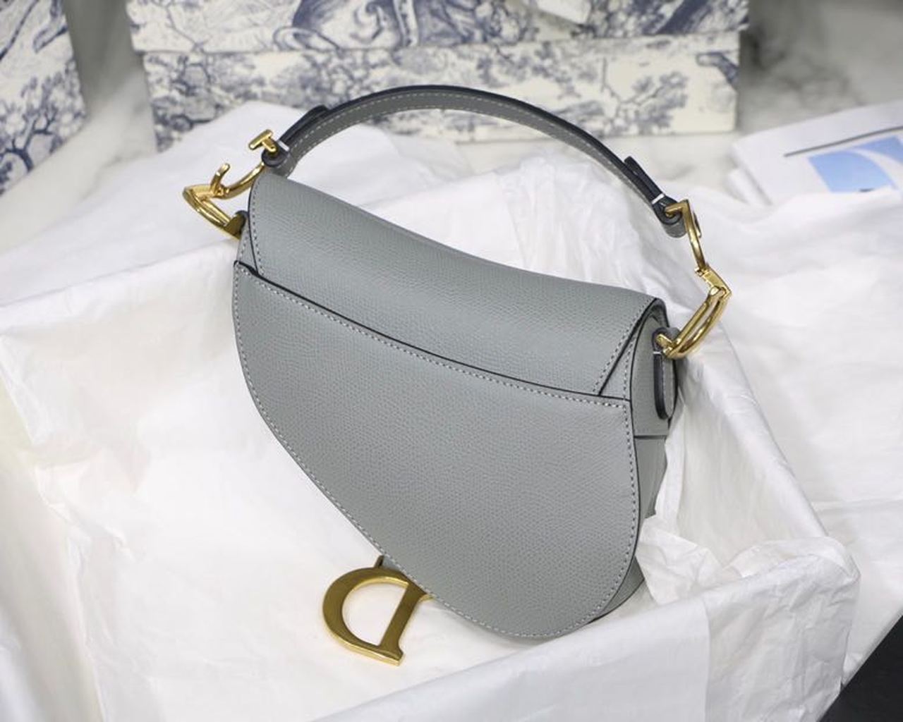 Top Quality Saddle Bag Light Blue Grained Gold Toned Hardware Canvas For Women 19.5cm/7.6in CD