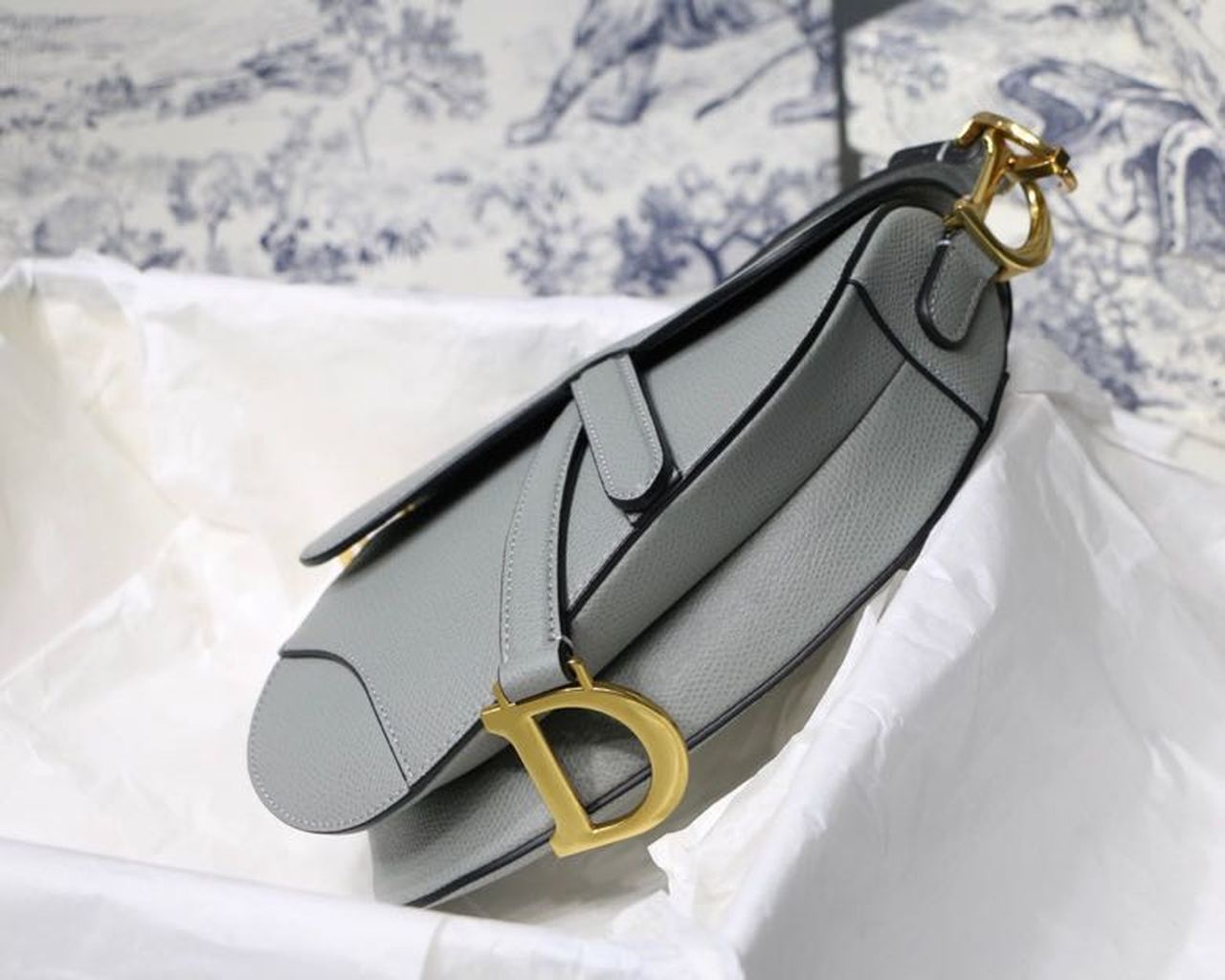 Top Quality Saddle Bag Light Blue Grained Gold Toned Hardware Canvas For Women 19.5cm/7.6in CD