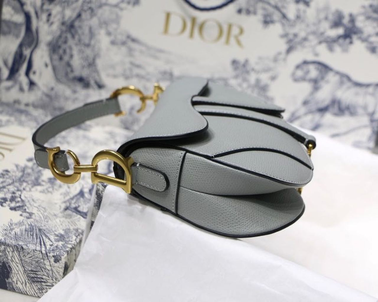Top Quality Saddle Bag Light Blue Grained Gold Toned Hardware Canvas For Women 19.5cm/7.6in CD