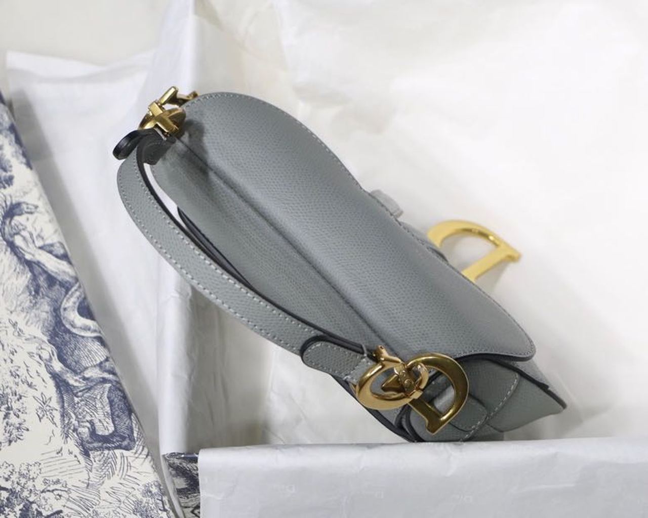 Top Quality Saddle Bag Light Blue Grained Gold Toned Hardware Canvas For Women 19.5cm/7.6in CD