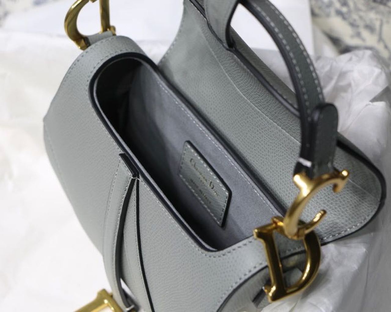 Top Quality Saddle Bag Light Blue Grained Gold Toned Hardware Canvas For Women 19.5cm/7.6in CD