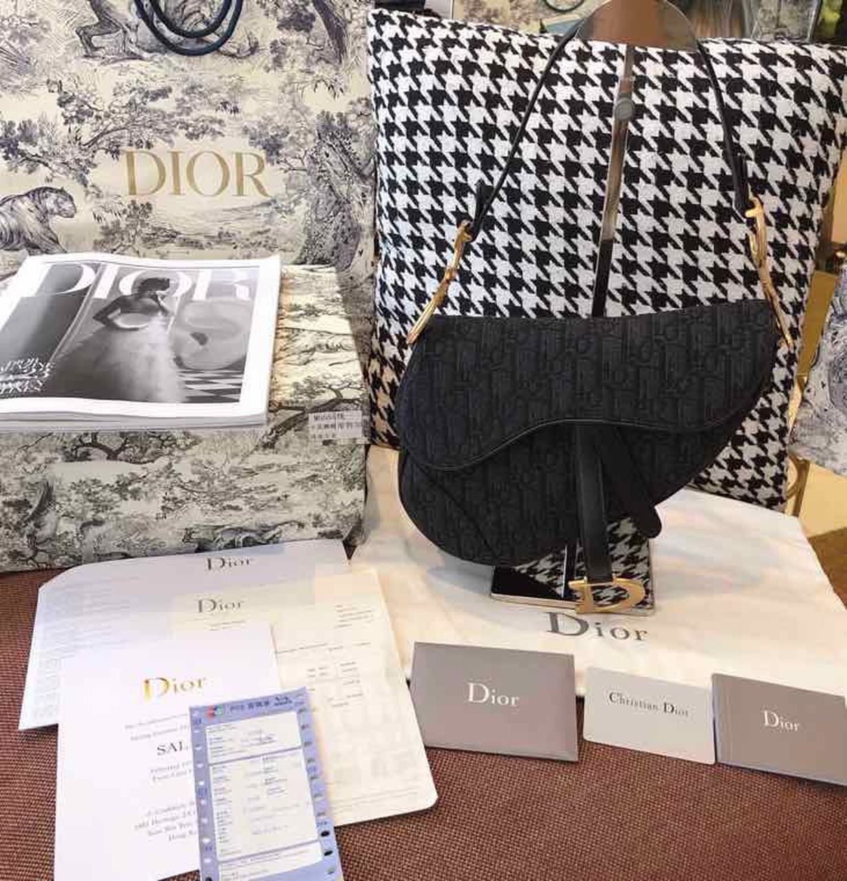 Top Quality Saddle Bag Black Oblique Embroidered Canvas Gold Toned Hardware For Women 25cm/10in CD