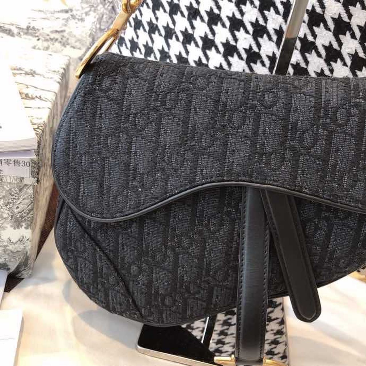 Top Quality Saddle Bag Black Oblique Embroidered Canvas Gold Toned Hardware For Women 25cm/10in CD
