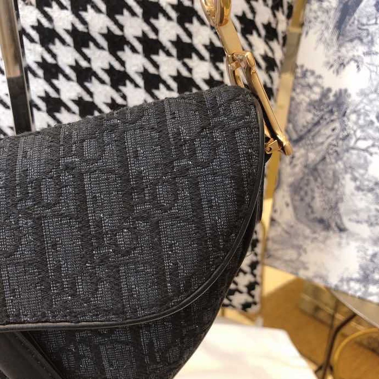 Top Quality Saddle Bag Black Oblique Embroidered Canvas Gold Toned Hardware For Women 25cm/10in CD