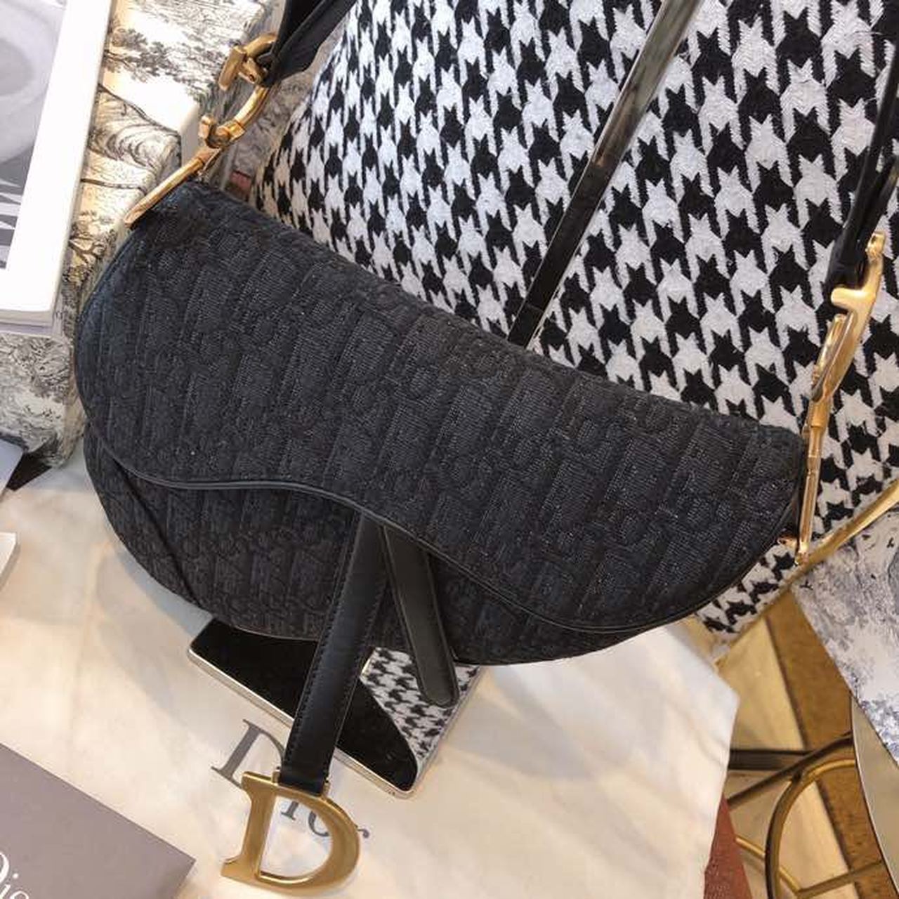 Top Quality Saddle Bag Black Oblique Embroidered Canvas Gold Toned Hardware For Women 25cm/10in CD