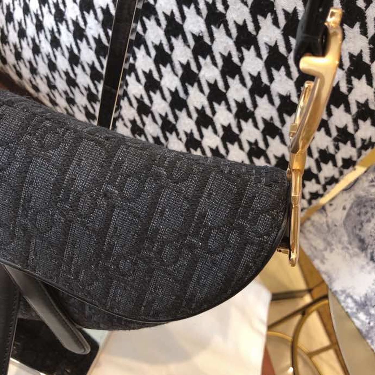 Top Quality Saddle Bag Black Oblique Embroidered Canvas Gold Toned Hardware For Women 25cm/10in CD