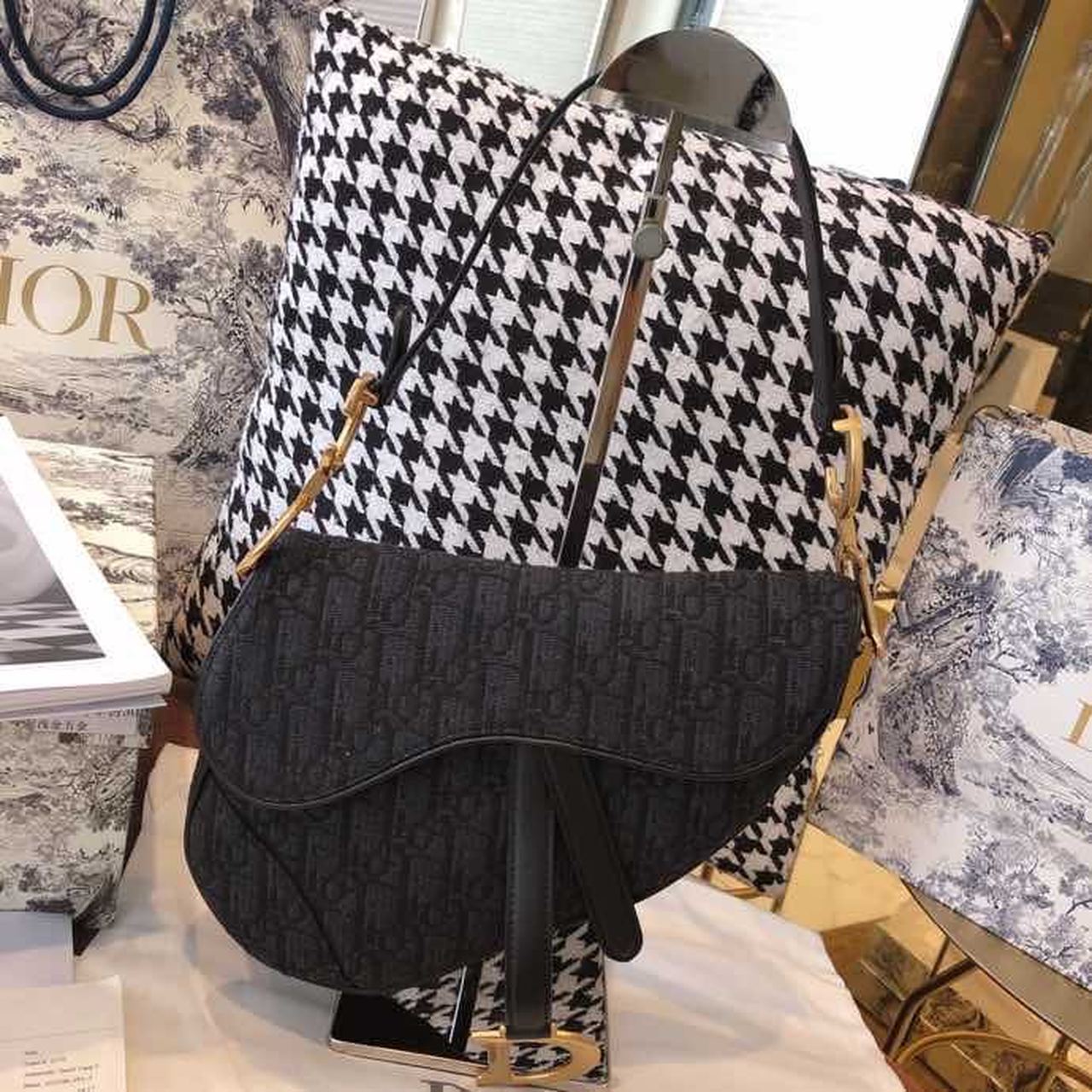 Top Quality Saddle Bag Black Oblique Embroidered Canvas Gold Toned Hardware For Women 25cm/10in CD