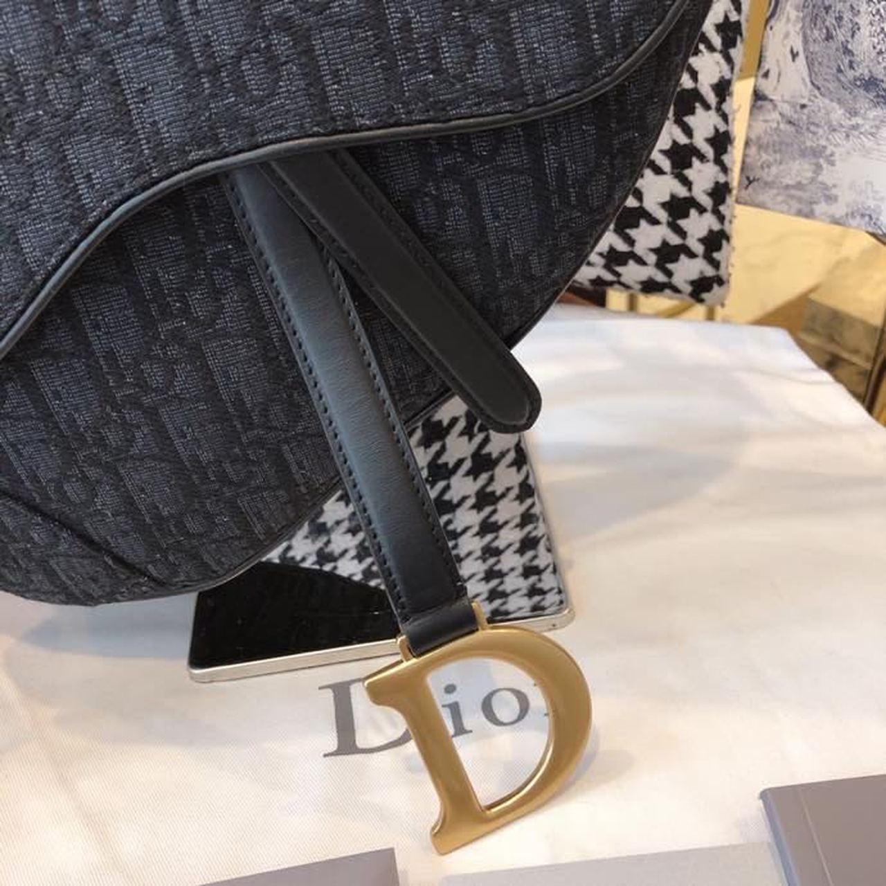 Top Quality Saddle Bag Black Oblique Embroidered Canvas Gold Toned Hardware For Women 25cm/10in CD