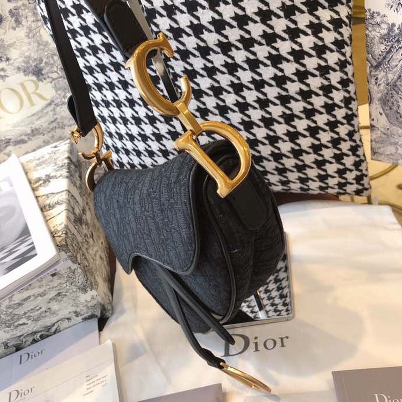 Top Quality Saddle Bag Black Oblique Embroidered Canvas Gold Toned Hardware For Women 25cm/10in CD