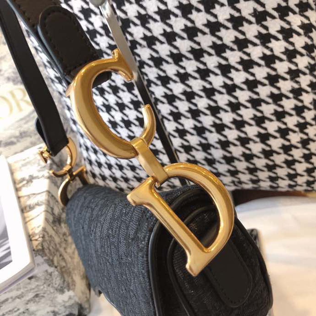 Top Quality Saddle Bag Black Oblique Embroidered Canvas Gold Toned Hardware For Women 25cm/10in CD