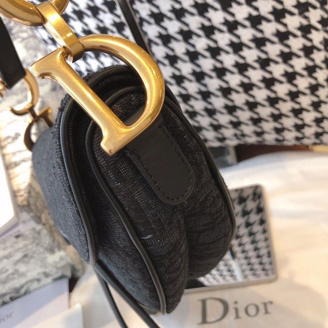 Top Quality Saddle Bag Black Oblique Embroidered Canvas Gold Toned Hardware For Women 25cm/10in CD