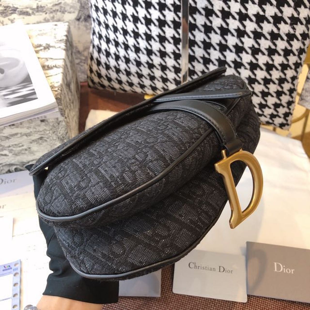 Top Quality Saddle Bag Black Oblique Embroidered Canvas Gold Toned Hardware For Women 25cm/10in CD