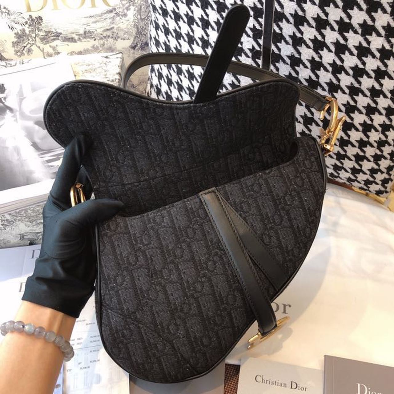 Top Quality Saddle Bag Black Oblique Embroidered Canvas Gold Toned Hardware For Women 25cm/10in CD