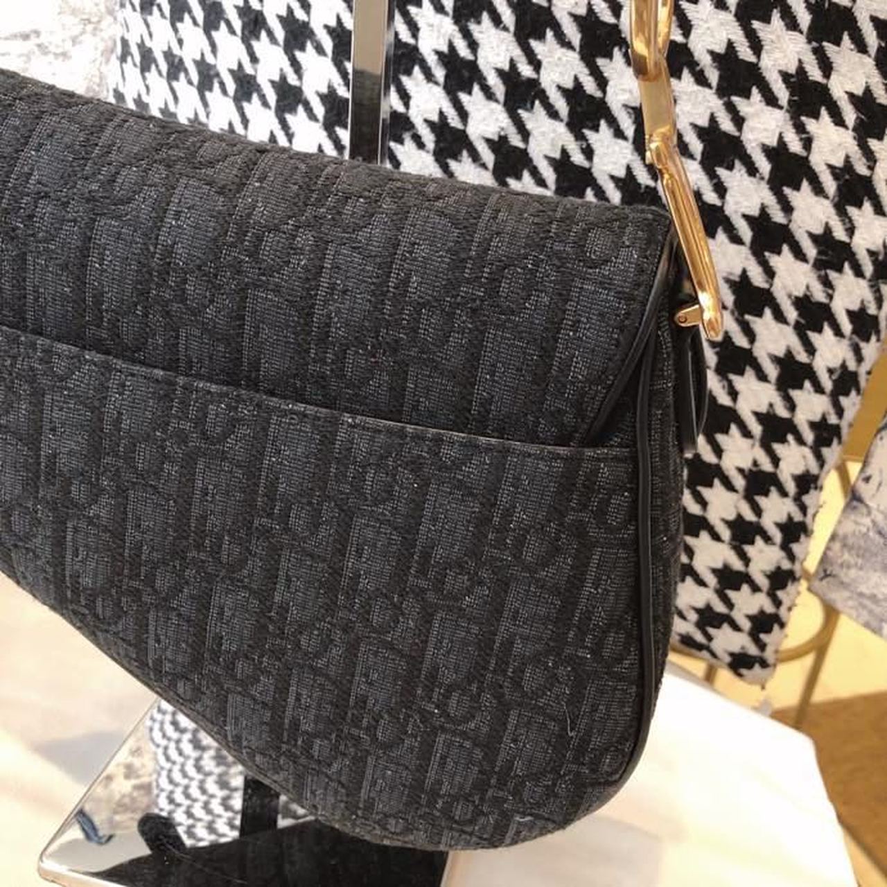 Top Quality Saddle Bag Black Oblique Embroidered Canvas Gold Toned Hardware For Women 25cm/10in CD
