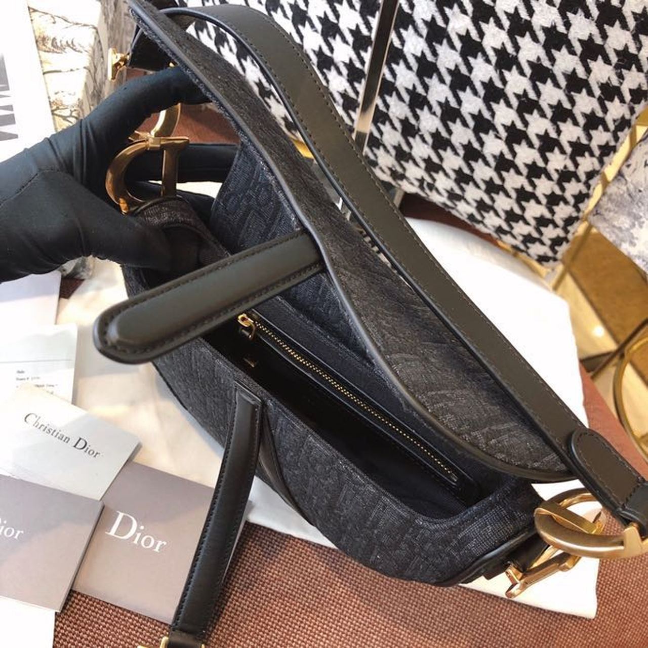 Top Quality Saddle Bag Black Oblique Embroidered Canvas Gold Toned Hardware For Women 25cm/10in CD