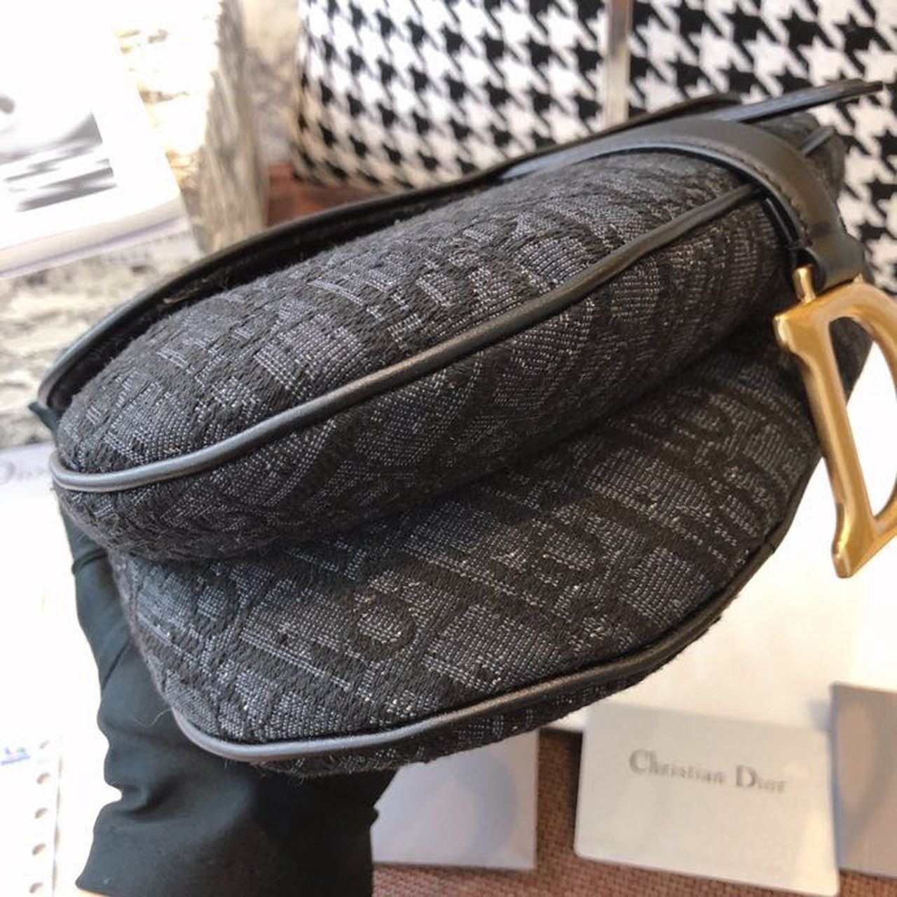 Top Quality Saddle Bag Black Oblique Embroidered Canvas Gold Toned Hardware For Women 25cm/10in CD