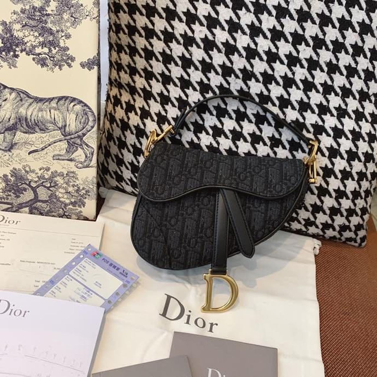Top Quality Saddle Bag Black Oblique Embroidered Canvas Gold Toned Hardware For Women 19.5cm/7.6in CD