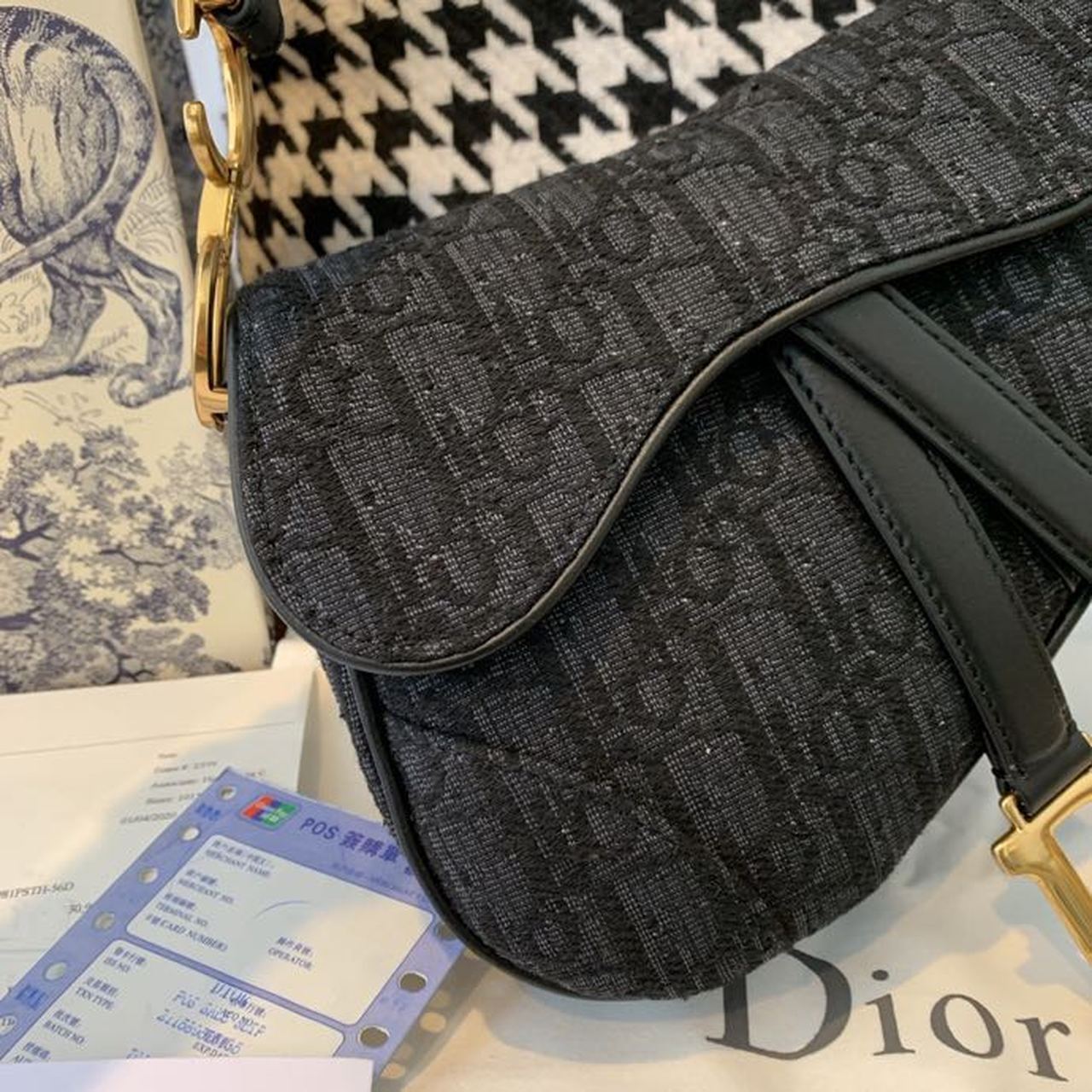 Top Quality Saddle Bag Black Oblique Embroidered Canvas Gold Toned Hardware For Women 19.5cm/7.6in CD