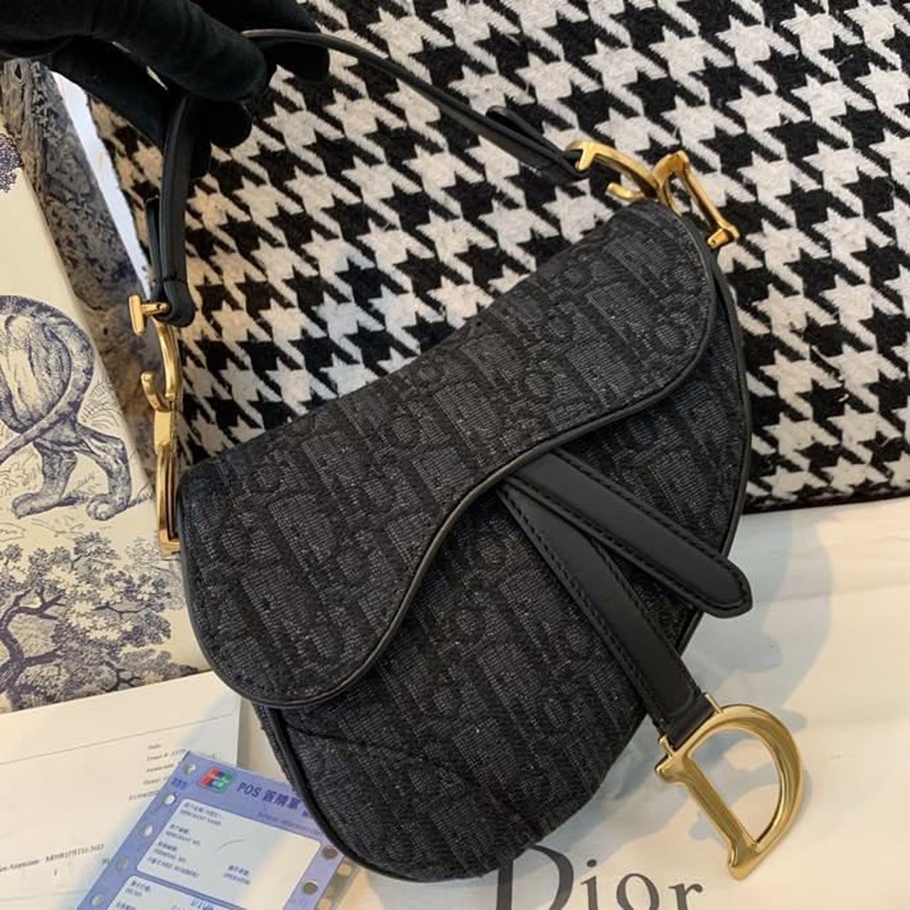 Top Quality Saddle Bag Black Oblique Embroidered Canvas Gold Toned Hardware For Women 19.5cm/7.6in CD