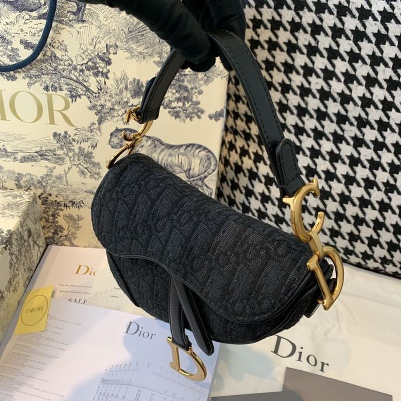 Top Quality Saddle Bag Black Oblique Embroidered Canvas Gold Toned Hardware For Women 19.5cm/7.6in CD