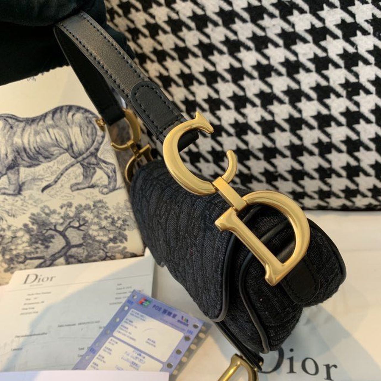 Top Quality Saddle Bag Black Oblique Embroidered Canvas Gold Toned Hardware For Women 19.5cm/7.6in CD