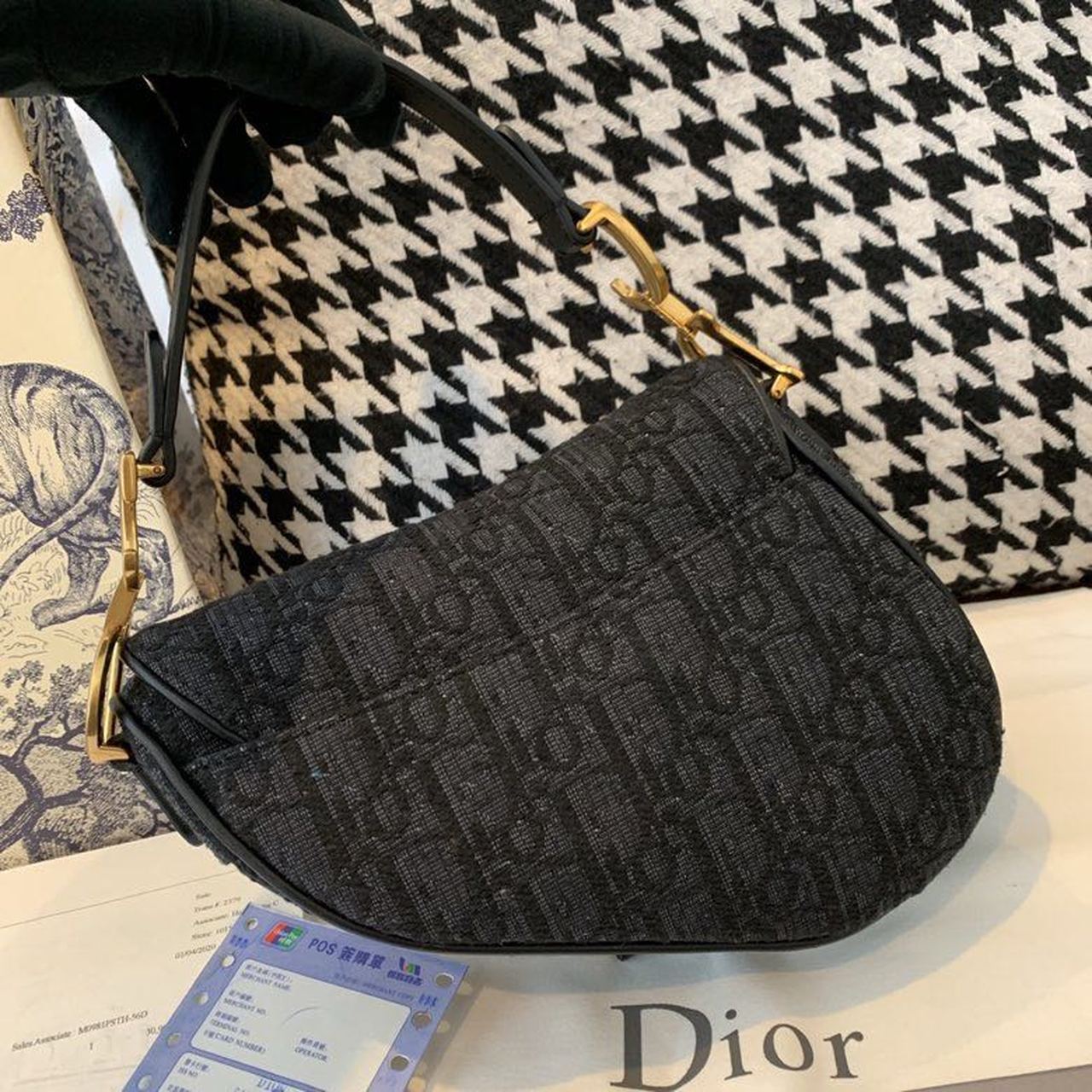Top Quality Saddle Bag Black Oblique Embroidered Canvas Gold Toned Hardware For Women 19.5cm/7.6in CD