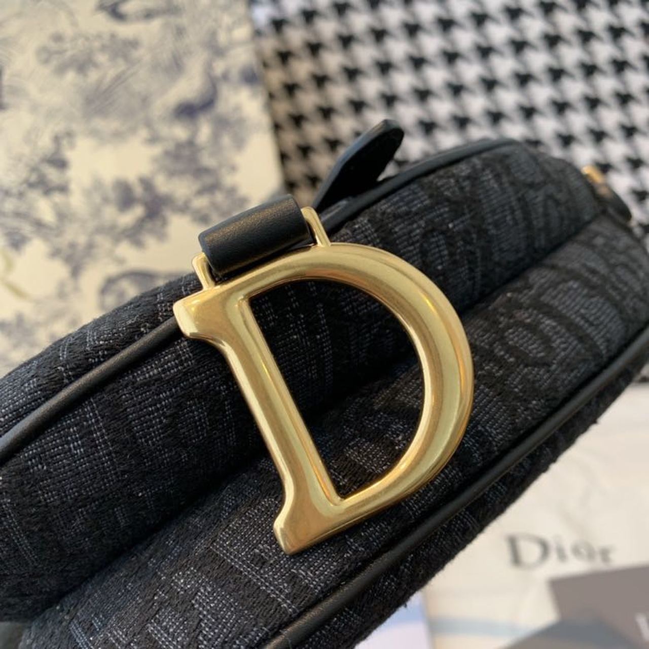 Top Quality Saddle Bag Black Oblique Embroidered Canvas Gold Toned Hardware For Women 19.5cm/7.6in CD