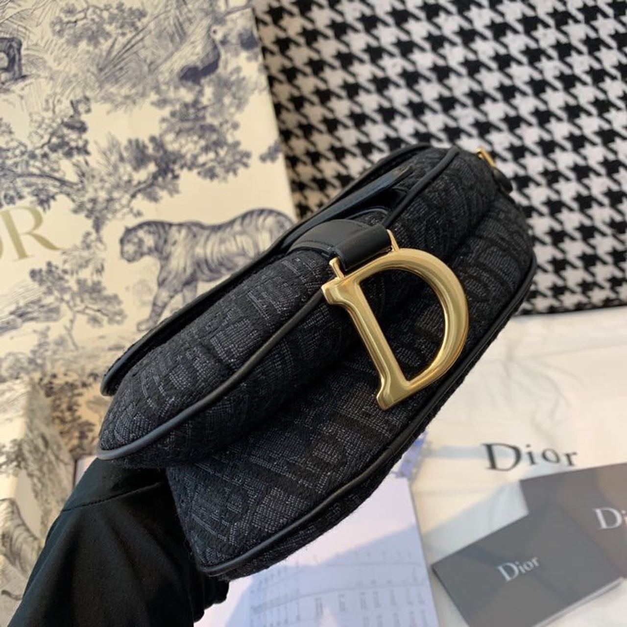 Top Quality Saddle Bag Black Oblique Embroidered Canvas Gold Toned Hardware For Women 19.5cm/7.6in CD
