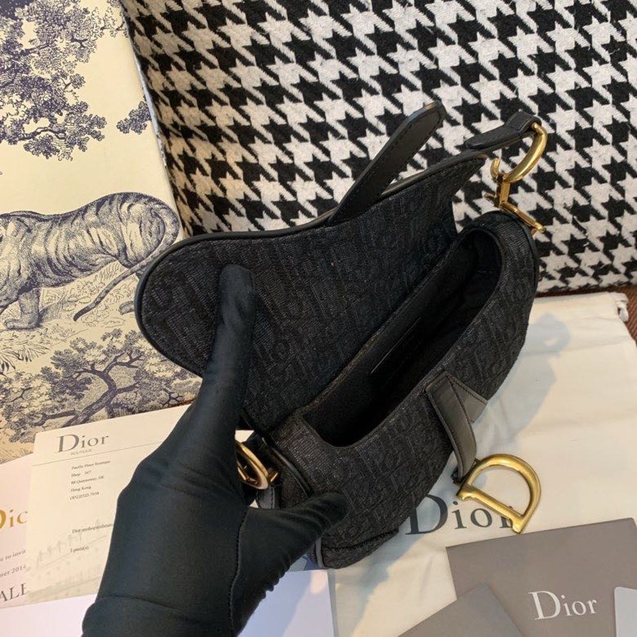 Top Quality Saddle Bag Black Oblique Embroidered Canvas Gold Toned Hardware For Women 19.5cm/7.6in CD