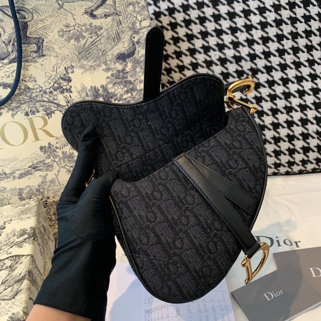 Top Quality Saddle Bag Black Oblique Embroidered Canvas Gold Toned Hardware For Women 19.5cm/7.6in CD