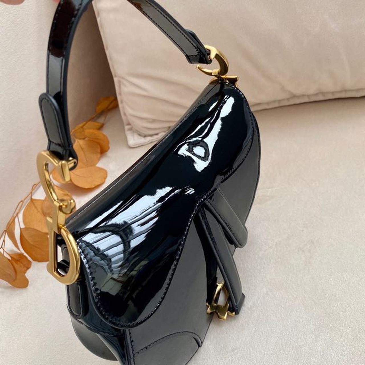 Top Quality Saddle Bag Black Patent Gold Toned Hardware For Women 19.5cm/7.6in CD