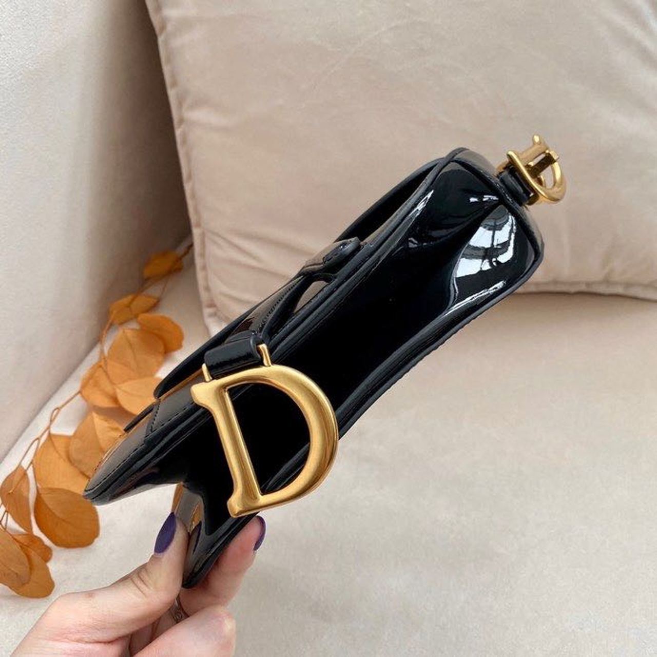 Top Quality Saddle Bag Black Patent Gold Toned Hardware For Women 19.5cm/7.6in CD