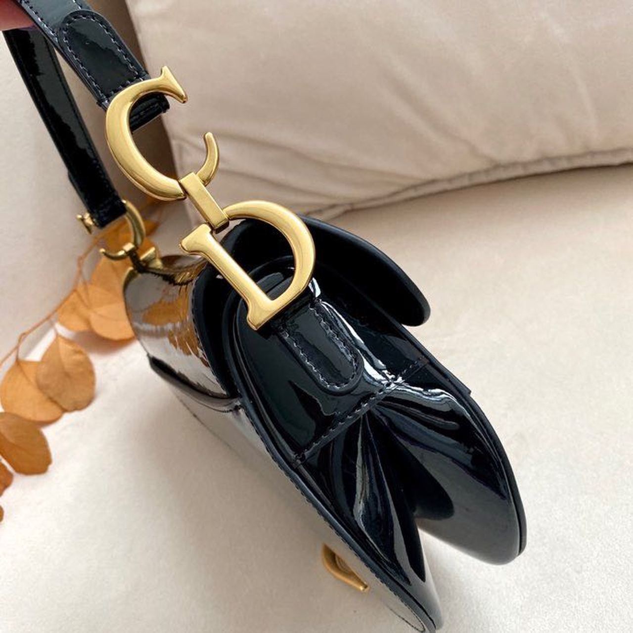 Top Quality Saddle Bag Black Patent Gold Toned Hardware For Women 19.5cm/7.6in CD