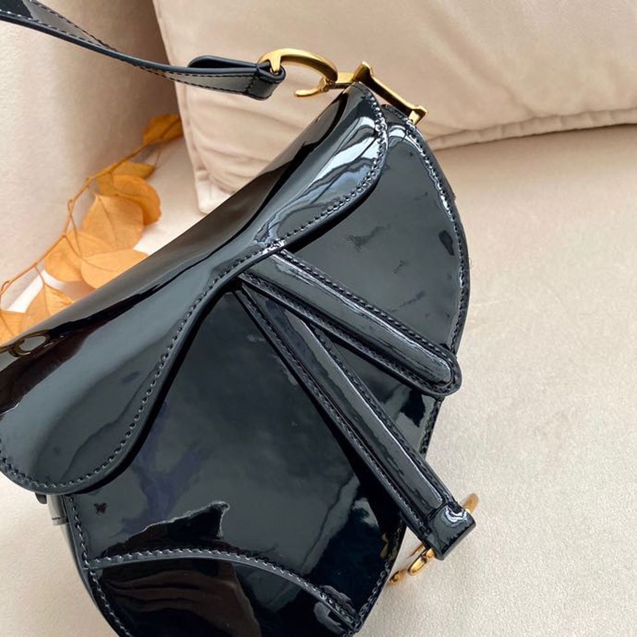 Top Quality Saddle Bag Black Patent Gold Toned Hardware For Women 19.5cm/7.6in CD