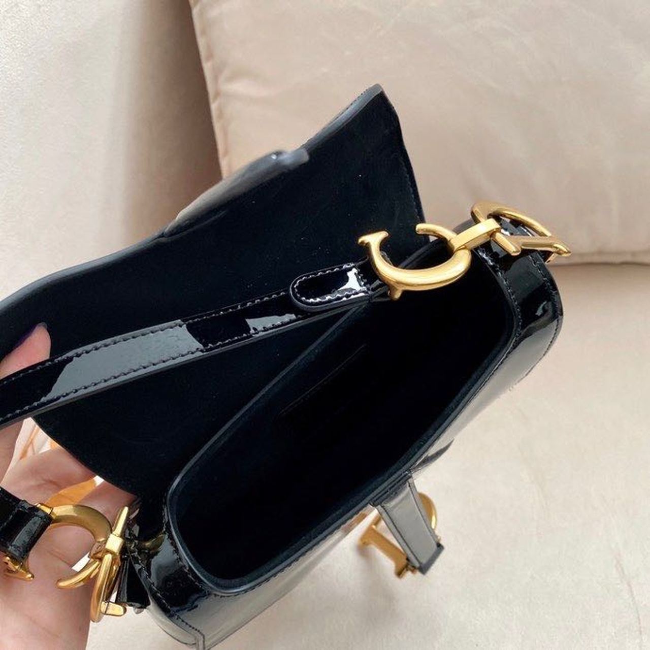 Top Quality Saddle Bag Black Patent Gold Toned Hardware For Women 19.5cm/7.6in CD