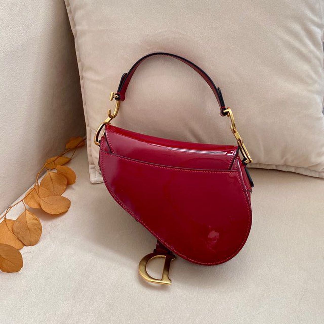 Top Quality Micro Saddle Bag Red Patent Gold Toned Hardware For Women 19.5cm/7.6in CD