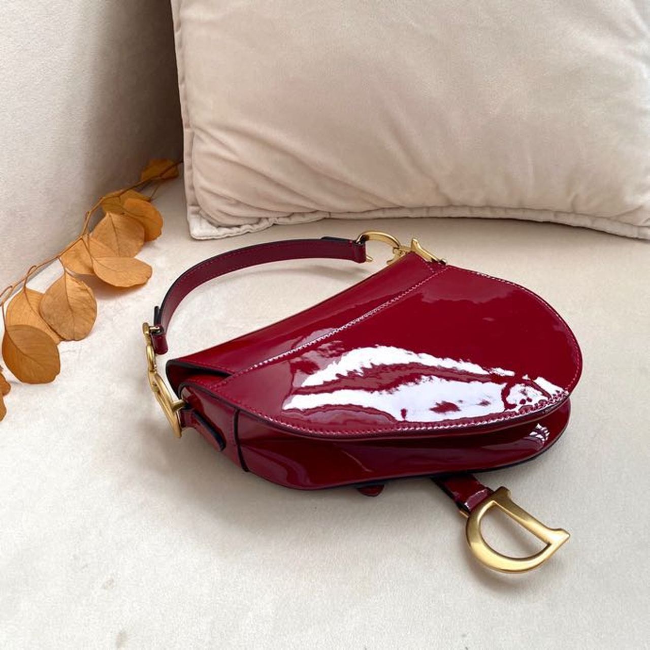 Top Quality Micro Saddle Bag Red Patent Gold Toned Hardware For Women 19.5cm/7.6in CD