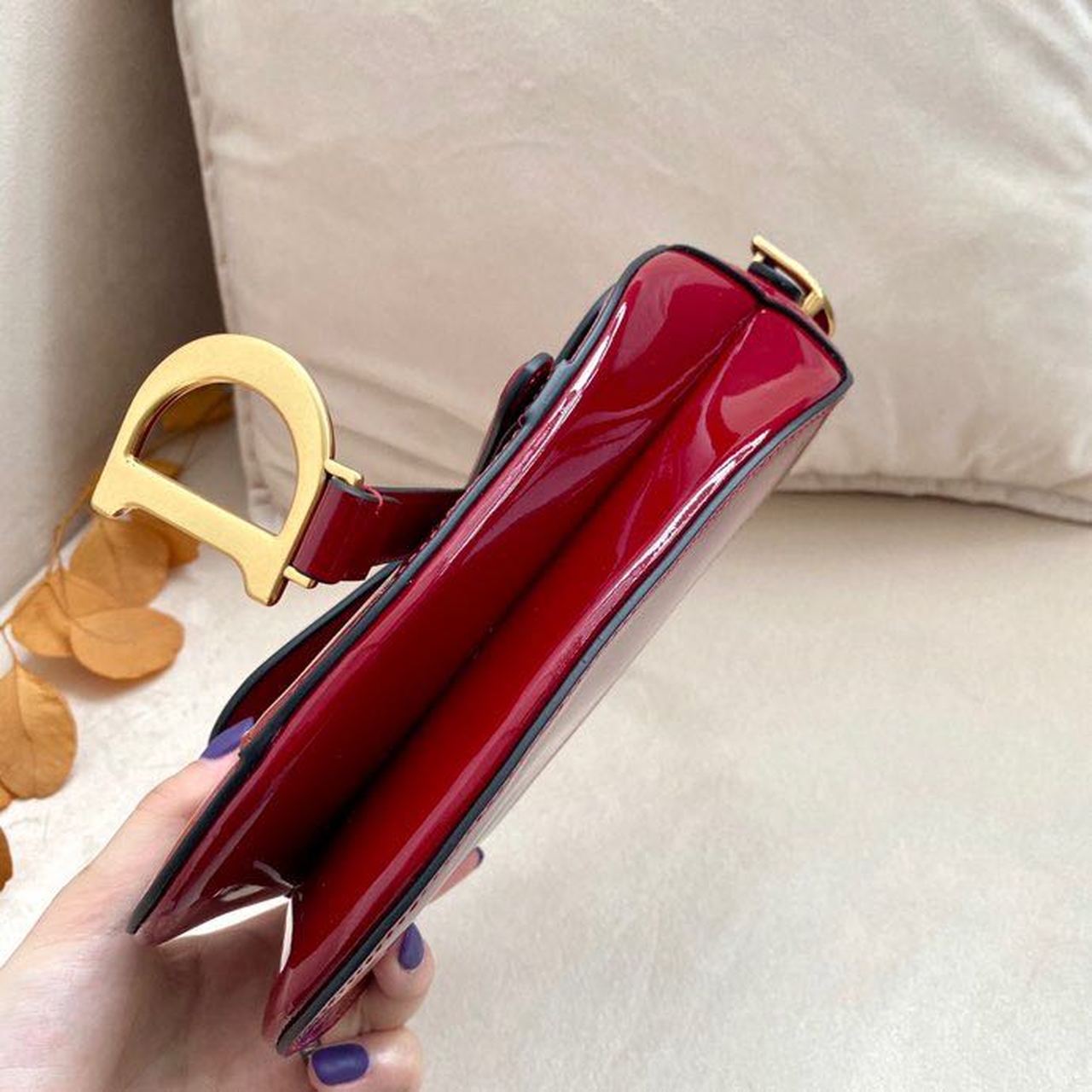 Top Quality Micro Saddle Bag Red Patent Gold Toned Hardware For Women 19.5cm/7.6in CD