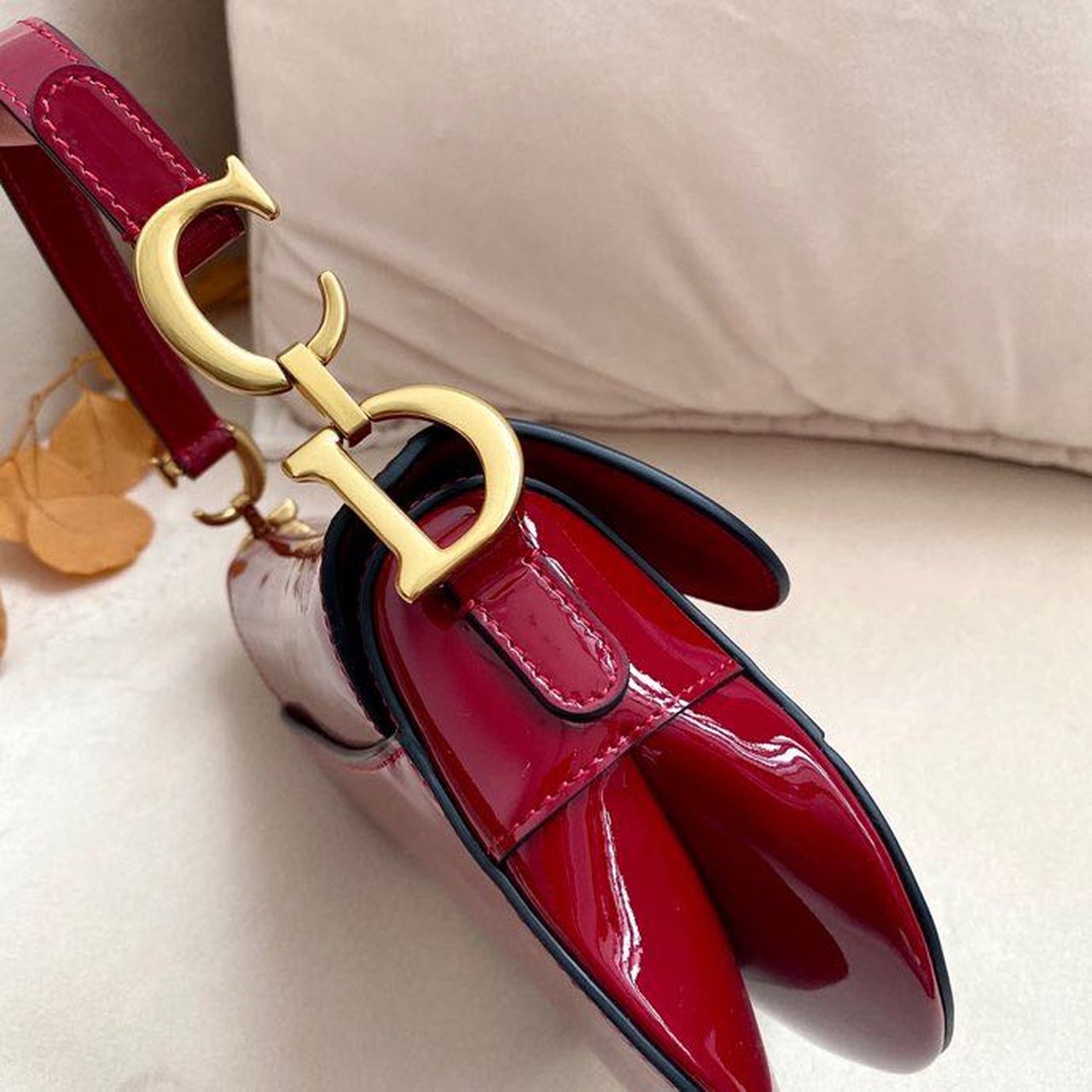 Top Quality Micro Saddle Bag Red Patent Gold Toned Hardware For Women 19.5cm/7.6in CD