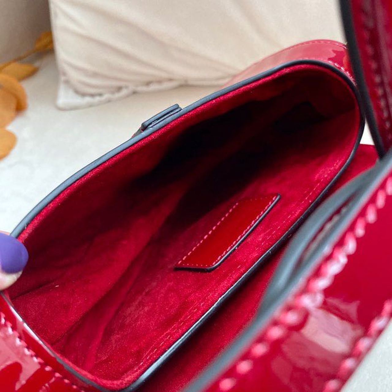 Top Quality Micro Saddle Bag Red Patent Gold Toned Hardware For Women 19.5cm/7.6in CD