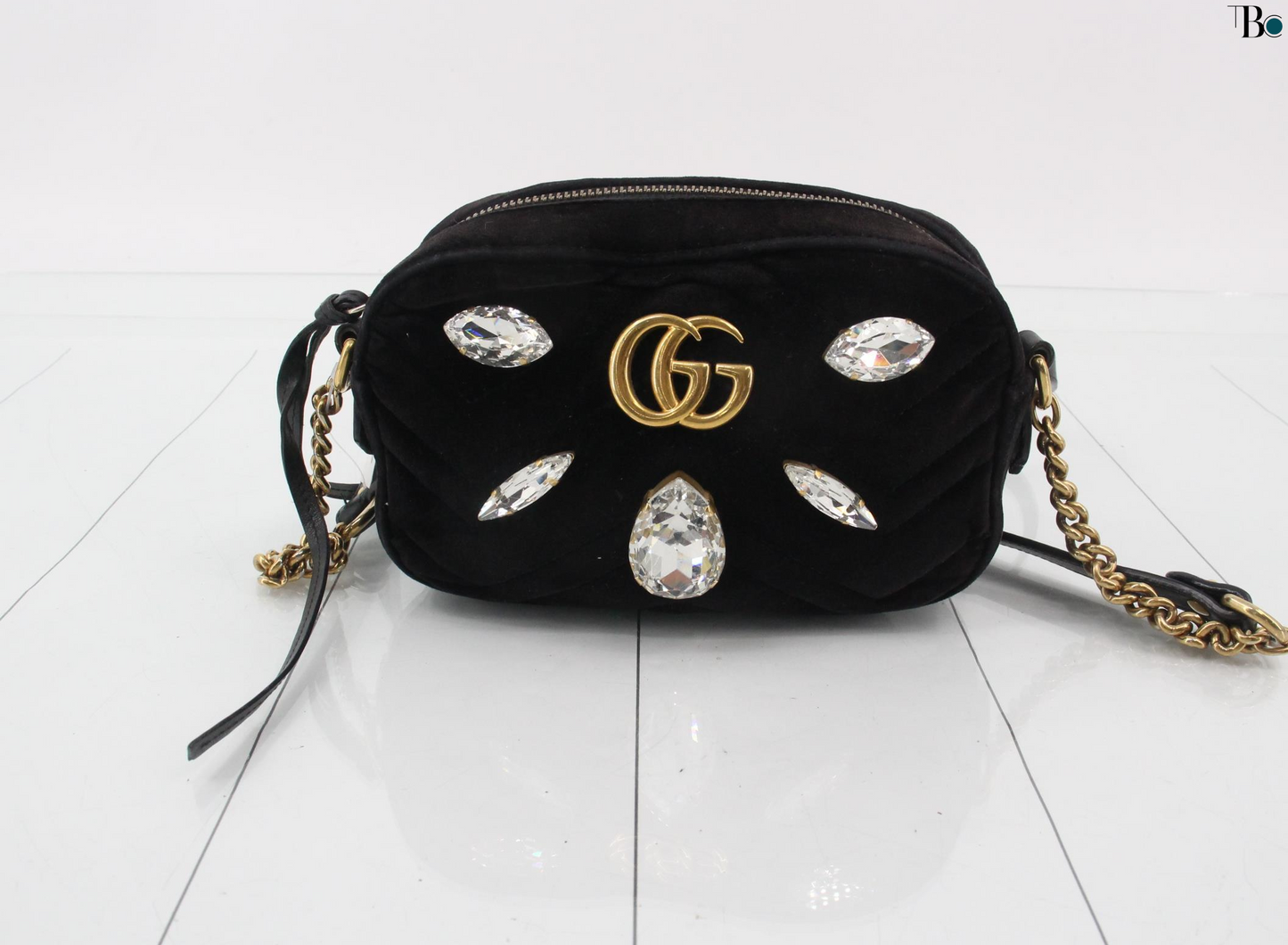 Gucci Gg Marmont Flap Bag Crystal Embellished Matelasse Velvet Black Velvet Shoulder Bag Bag ( )