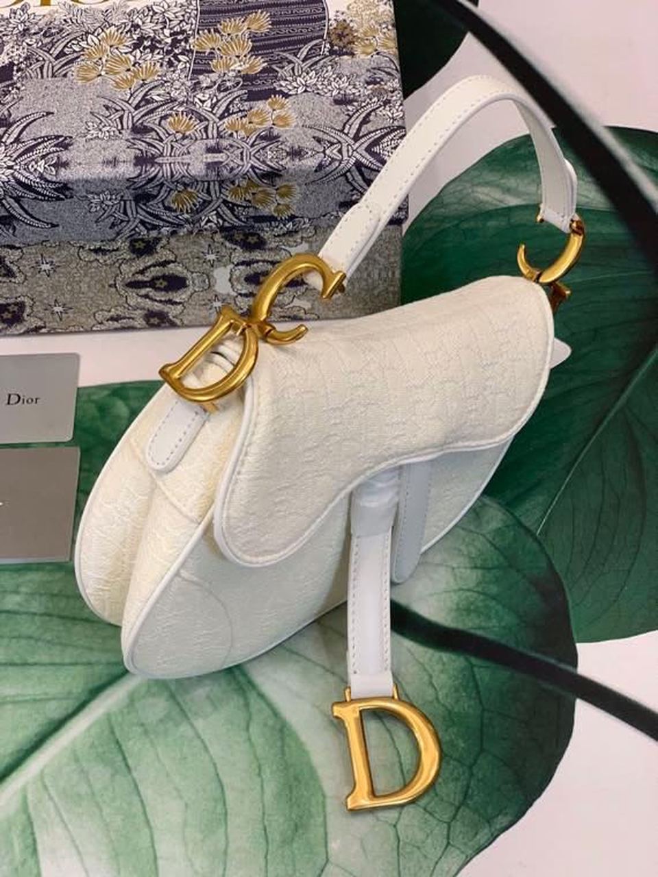 Top Quality Saddle Bag White Oblique Embroidered Canvas Gold Toned Hardware For Women 21cm/8.5in CD