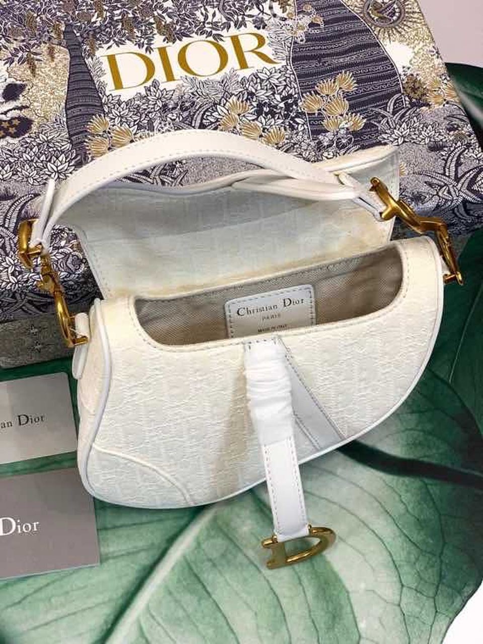 Top Quality Saddle Bag White Oblique Embroidered Canvas Gold Toned Hardware For Women 21cm/8.5in CD