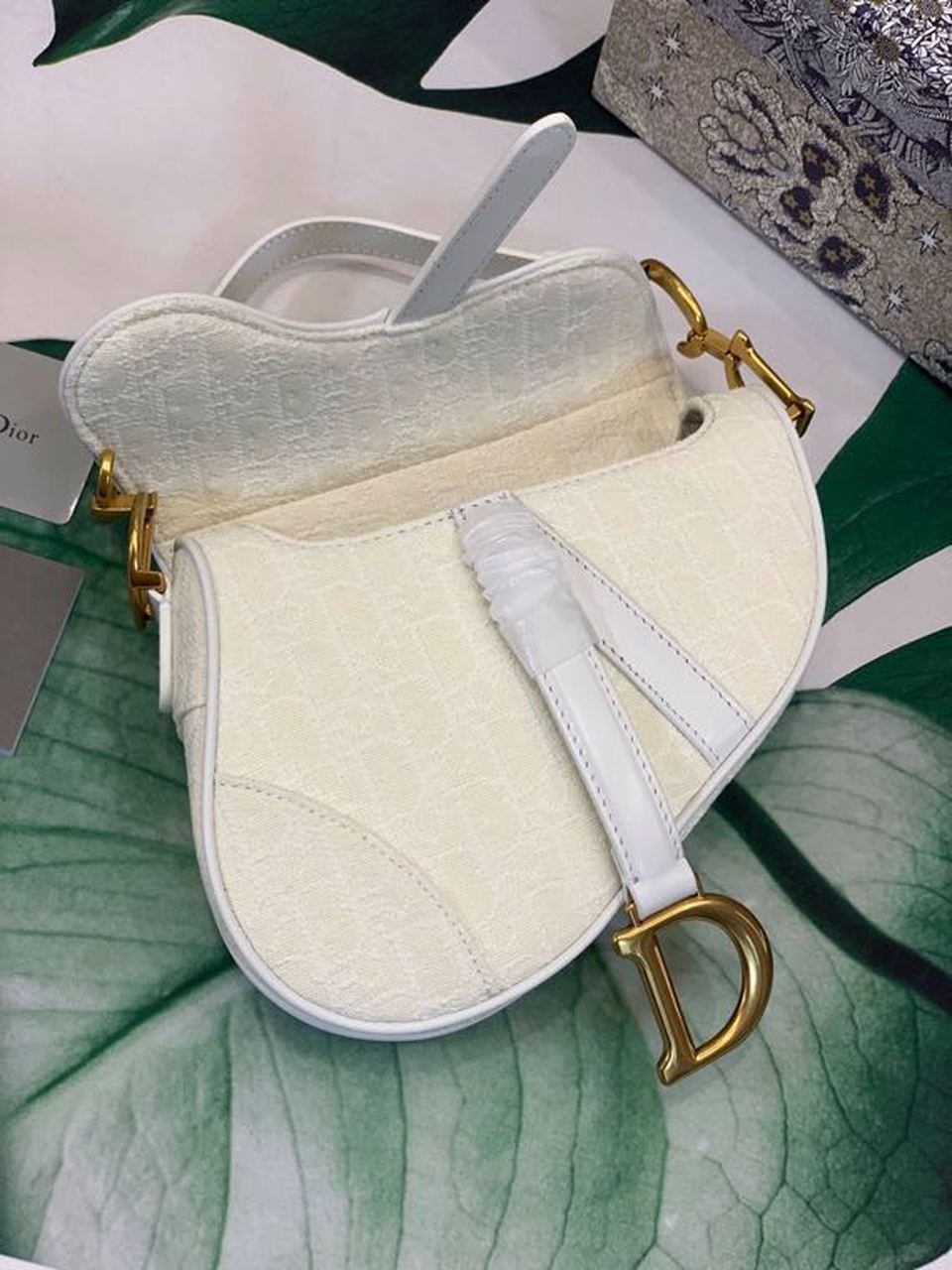 Top Quality Saddle Bag White Oblique Embroidered Canvas Gold Toned Hardware For Women 21cm/8.5in CD