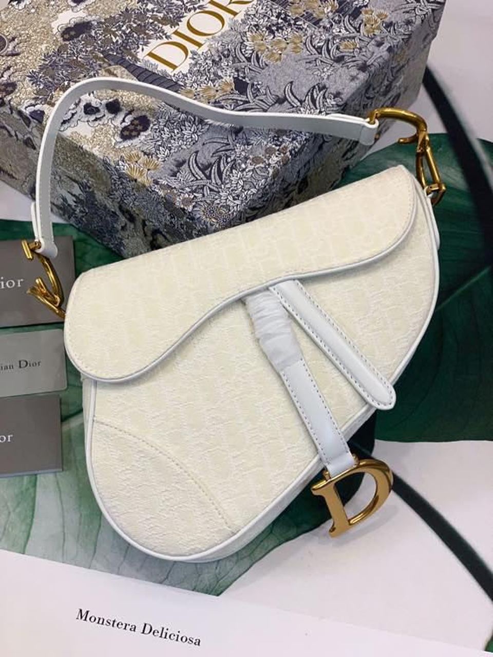 Top Quality Saddle Bag White Oblique Embroidered Canvas Gold Toned Hardware For Women 25cm/10in CD