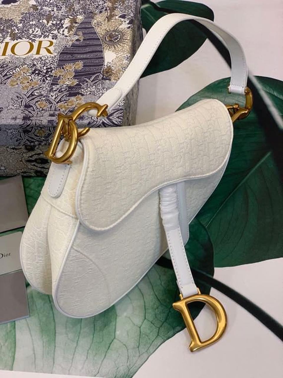 Top Quality Saddle Bag White Oblique Embroidered Canvas Gold Toned Hardware For Women 25cm/10in CD