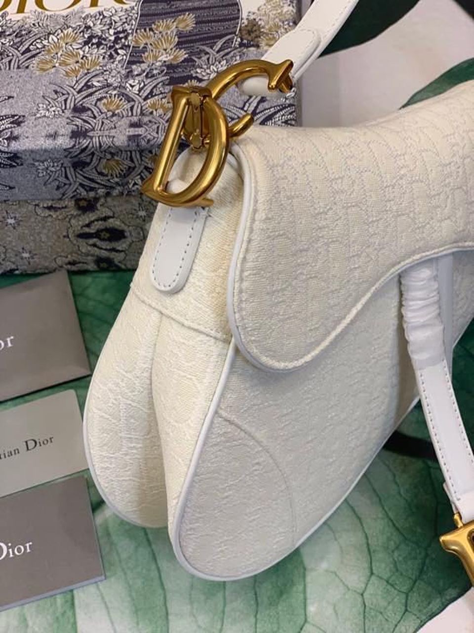 Top Quality Saddle Bag White Oblique Embroidered Canvas Gold Toned Hardware For Women 25cm/10in CD