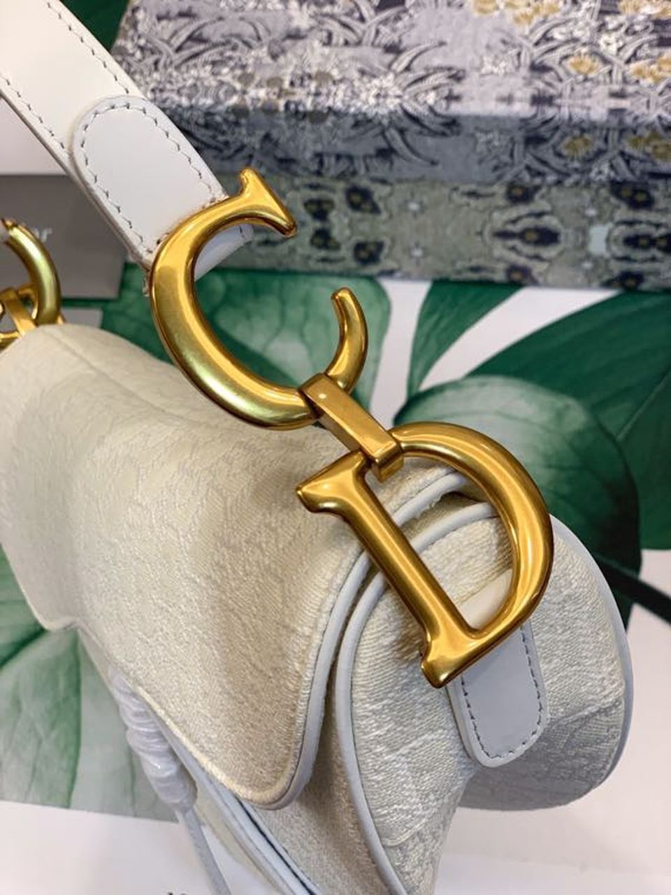 Top Quality Saddle Bag White Oblique Embroidered Canvas Gold Toned Hardware For Women 25cm/10in CD