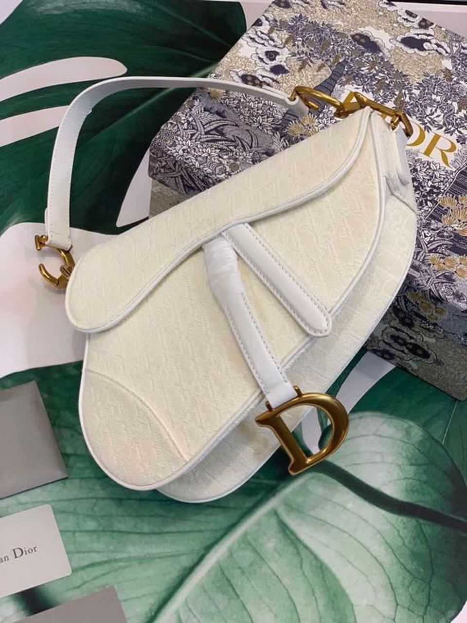 Top Quality Saddle Bag White Oblique Embroidered Canvas Gold Toned Hardware For Women 25cm/10in CD